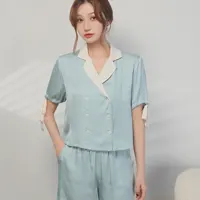 Korean Sweet satins ice silk shorts pajamas sets women fresh sky Blue sleepwear women sexy v-neck pyjamas 99131