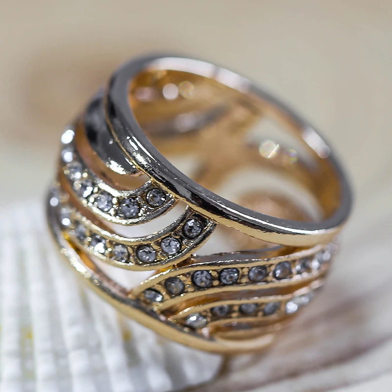 Уникальный Стиль большое Золотое кольцо на палец с кристаллами для вечерние