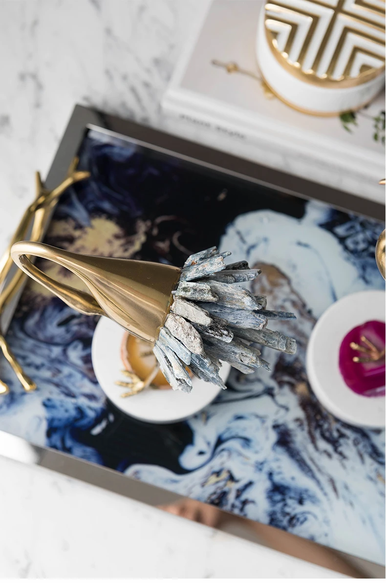 Роскошная золотая латунная статуя фламинго скульптура белый синий хрустальный