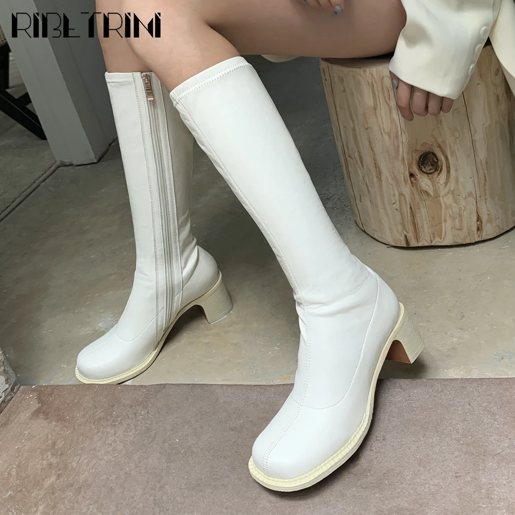 

RIBETRINI Classic Retro Round Toe Fashion Mid Calf Female High Heels Zipper Shoes Women Boots Ins Sewing Boots