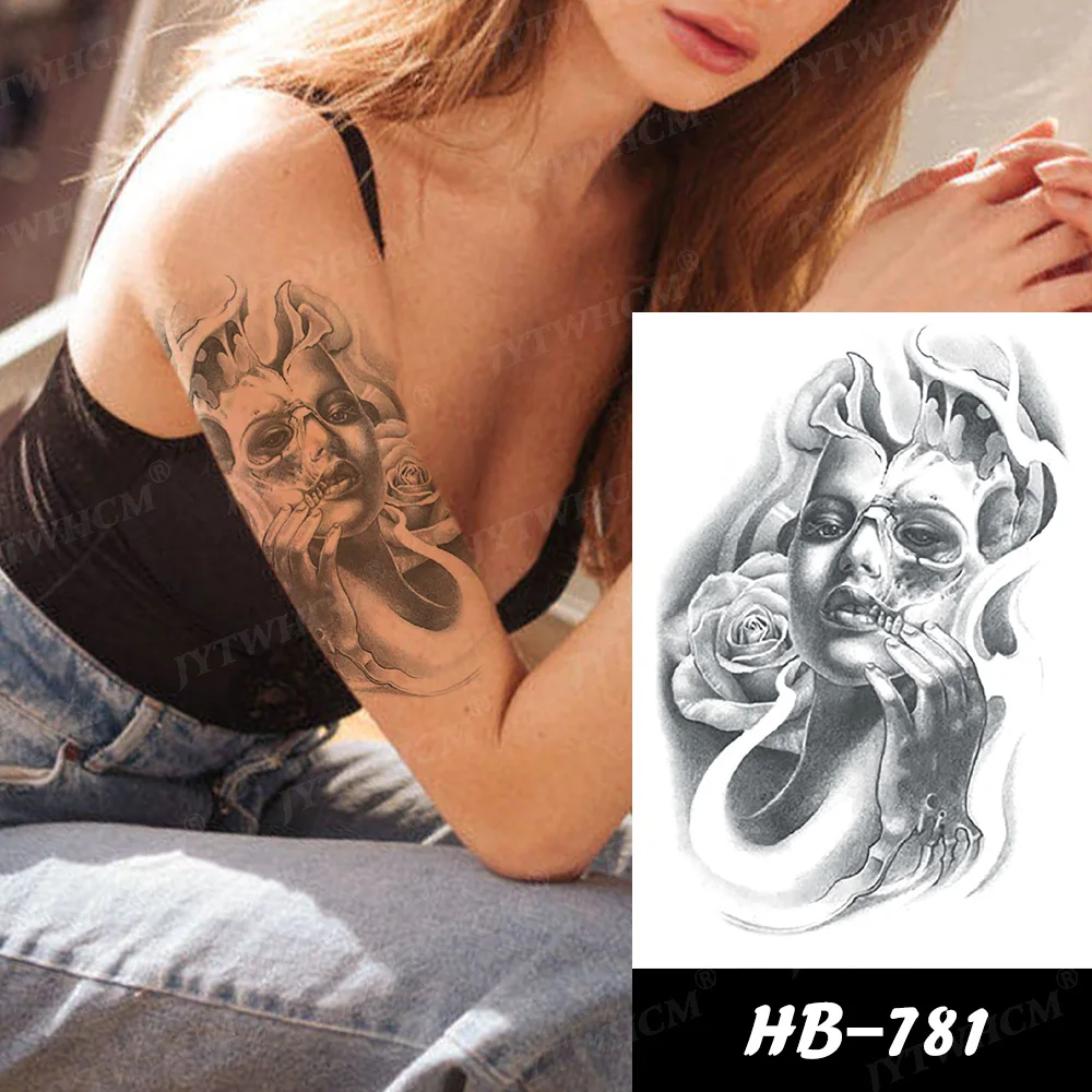 Черная татуировка с черепом злого дьявола временная наклейка водонепроницаемая