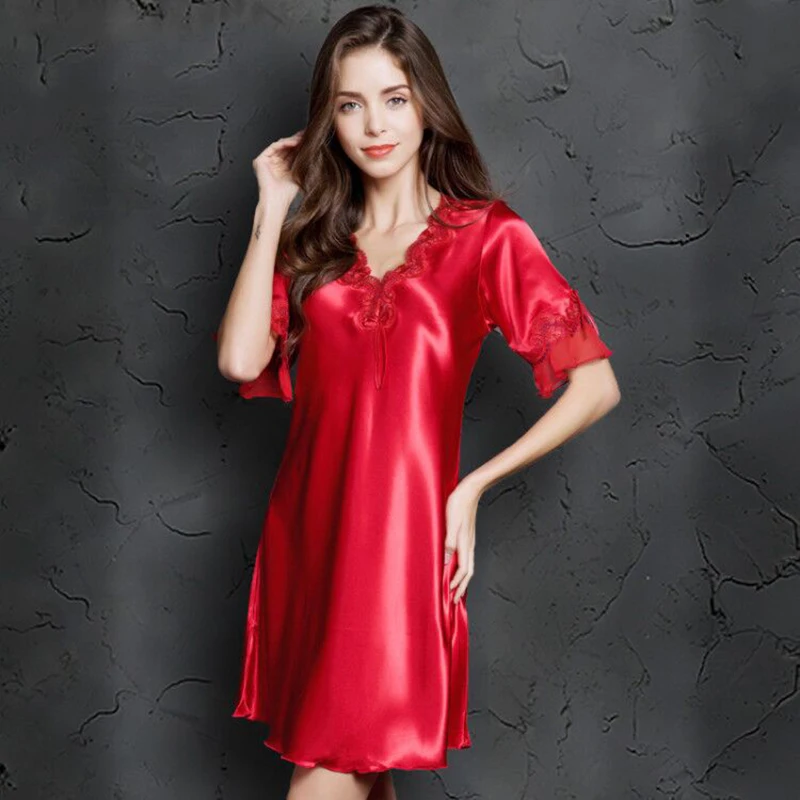Ночная рубашка с v образным вырезом шелковая ночная коротким рукавом и кружевной