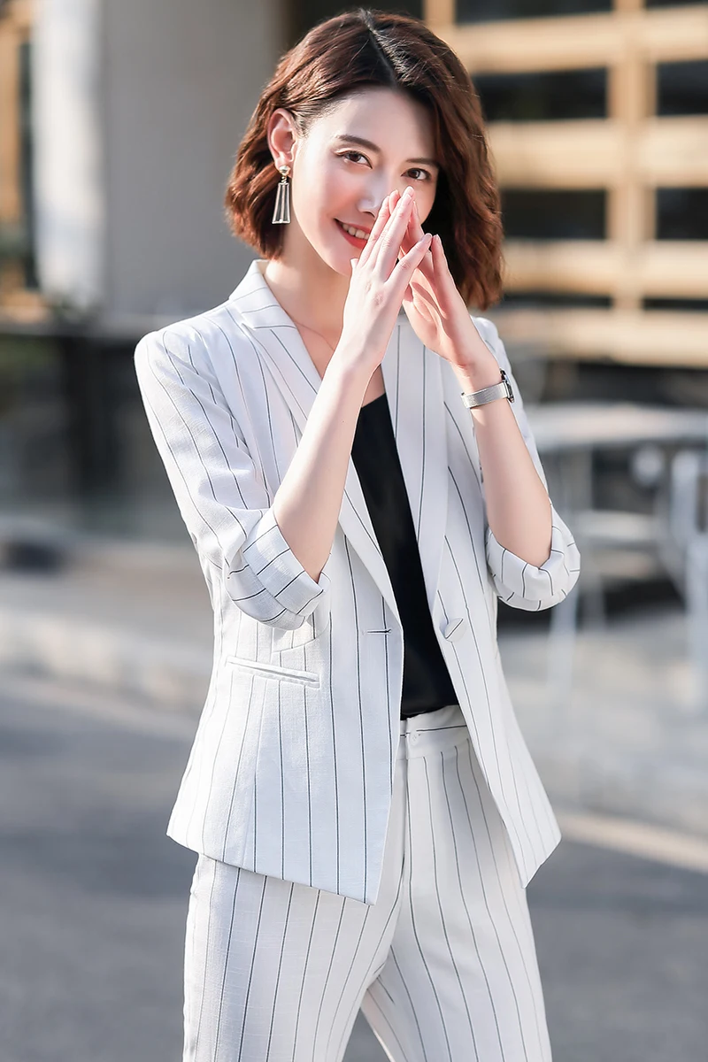 Офисный женский черный полосатый блейзер для женщин деловые костюмы с брюками и