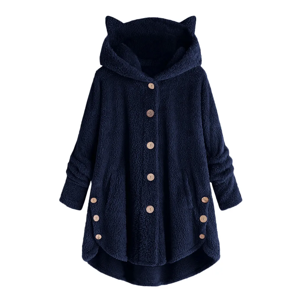 

NEW2021 Women Fluffy Coat Loose Hoodie Sweatshirt Solid Winter Kawaii Cat Ear Hooded Hoodie Buttons Fleece Jackets Tracksuit