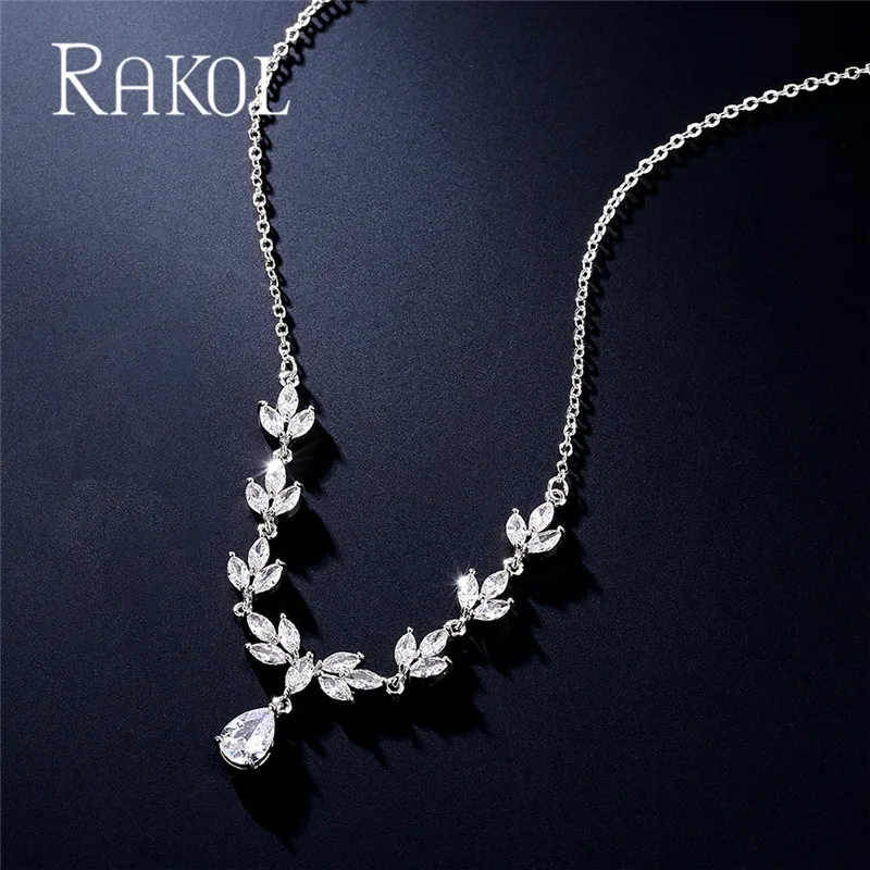 

RAKOL модное роскошное ожерелье с кулоном в виде листьев из фианита в форме капли воды для женщин ювелирное изделие для свадебной вечеринки пл...