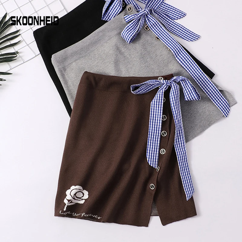 SINGRAIN женские вязаные юбки теплый мягкий короткий свитер вязаная вышивка бант