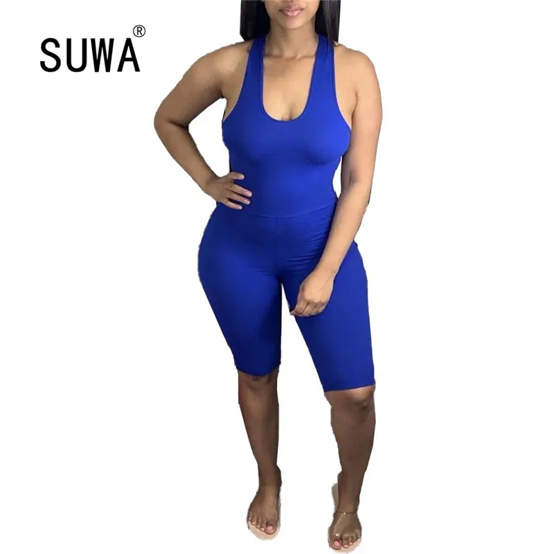 

2020 Skinny Rompers Womens Jumpsuits Casual Scoop Neck Open Back Club Party Body Suits Streetwear Empire Short Playsuits