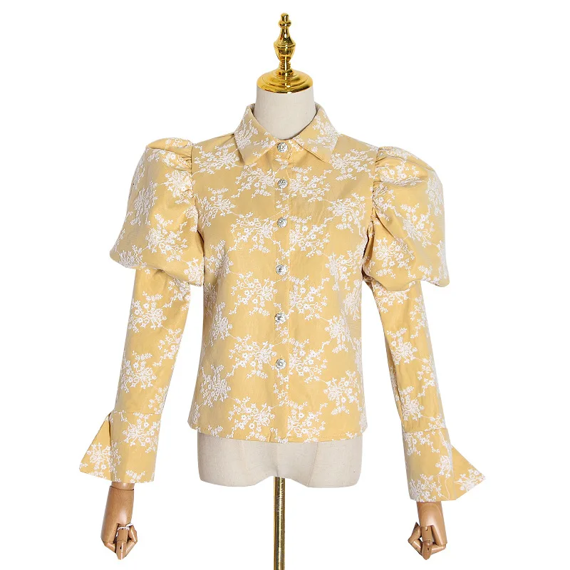 

Sweet embroidered printed blouse lapel bubble long sleeve slim casual Joker shirt top women's fashion