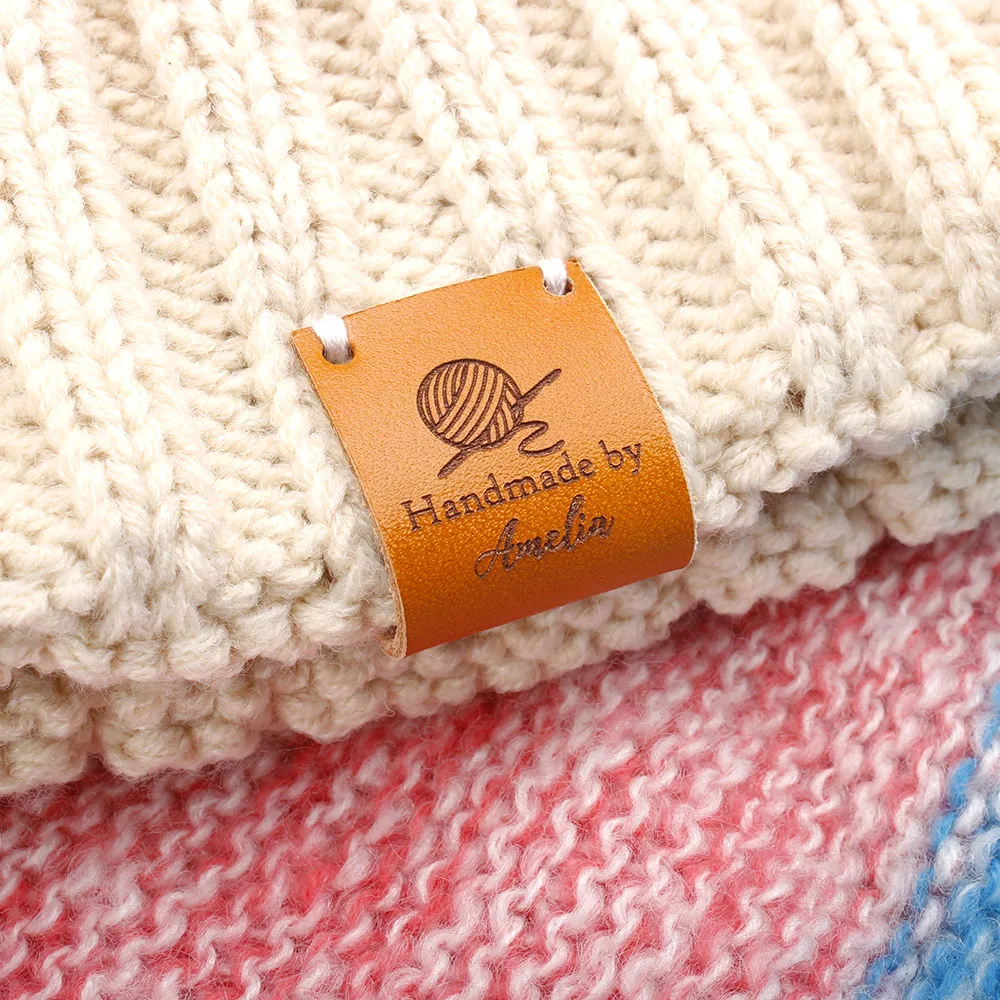 

Custom labels, centre fold leather labels, Personalized Brand, Logo or Text, Knitting Tags For Hats (PB3189)