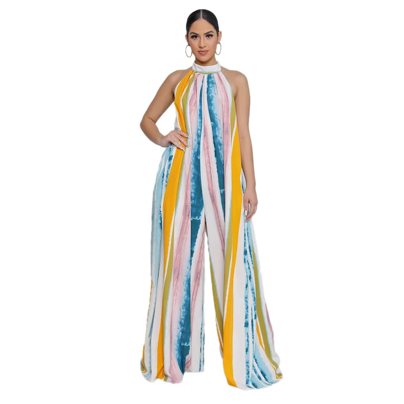 

African Clothes for Women Jumpsuit Striped Sleeveless Halter Back Hollow Out Bandage Loose Office Lady Elegant Evening Outfits