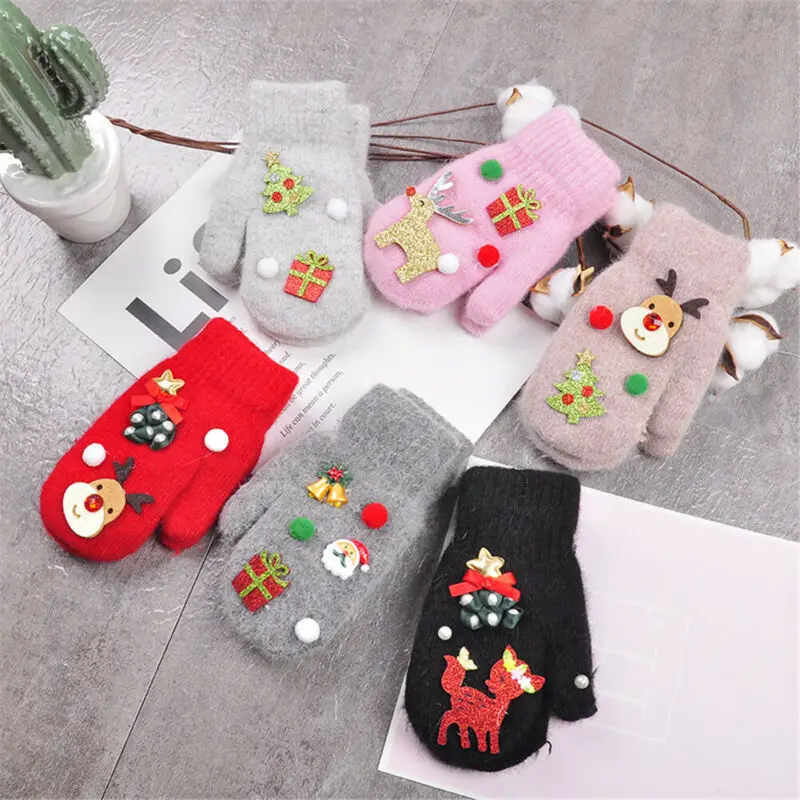Xmas Baby Kids Goves Boys Girls Cartoon Elk Wool Plain Fleece Mittens Toddler Winter Gloves Warm Christmas New Year Gifts 3-10Y |