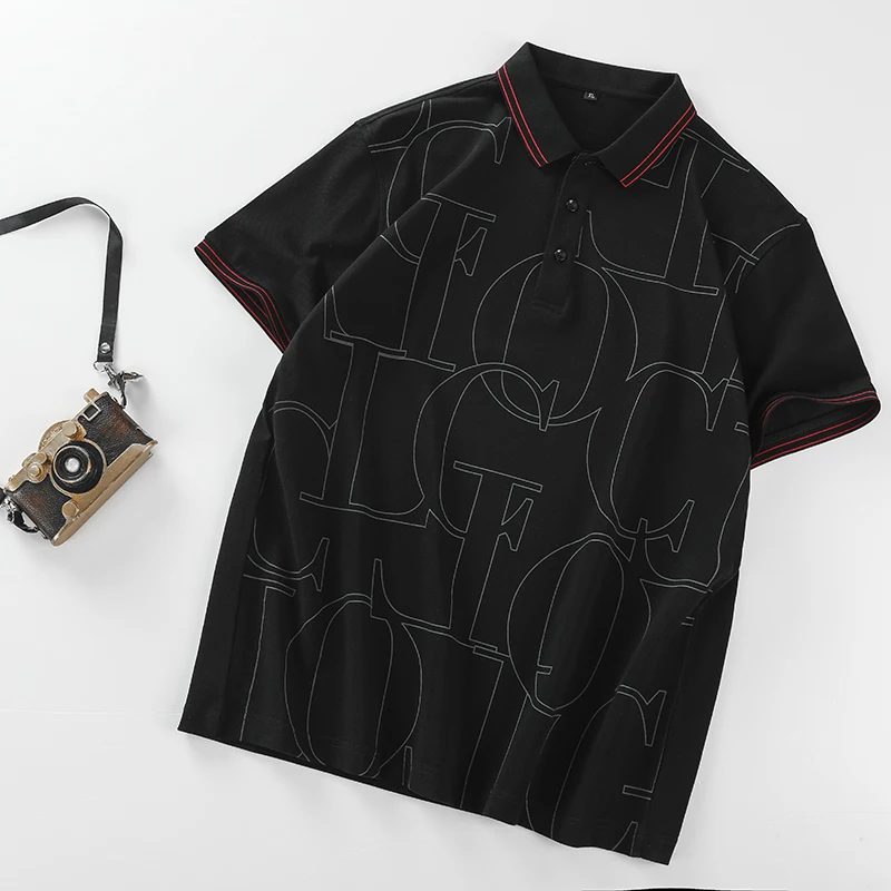 

Fashion Balck Mens Polo T Shirt Europen Style Letter Printed Polos Hombre Tops Short Sleeve Casual Men Clothing Oversized Shirt