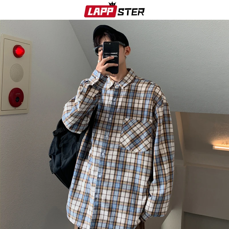 LAPPSTER мужского Harajuku плед Vintage рубашка 2020 Люди Японской Карманы Уличных рубашек с