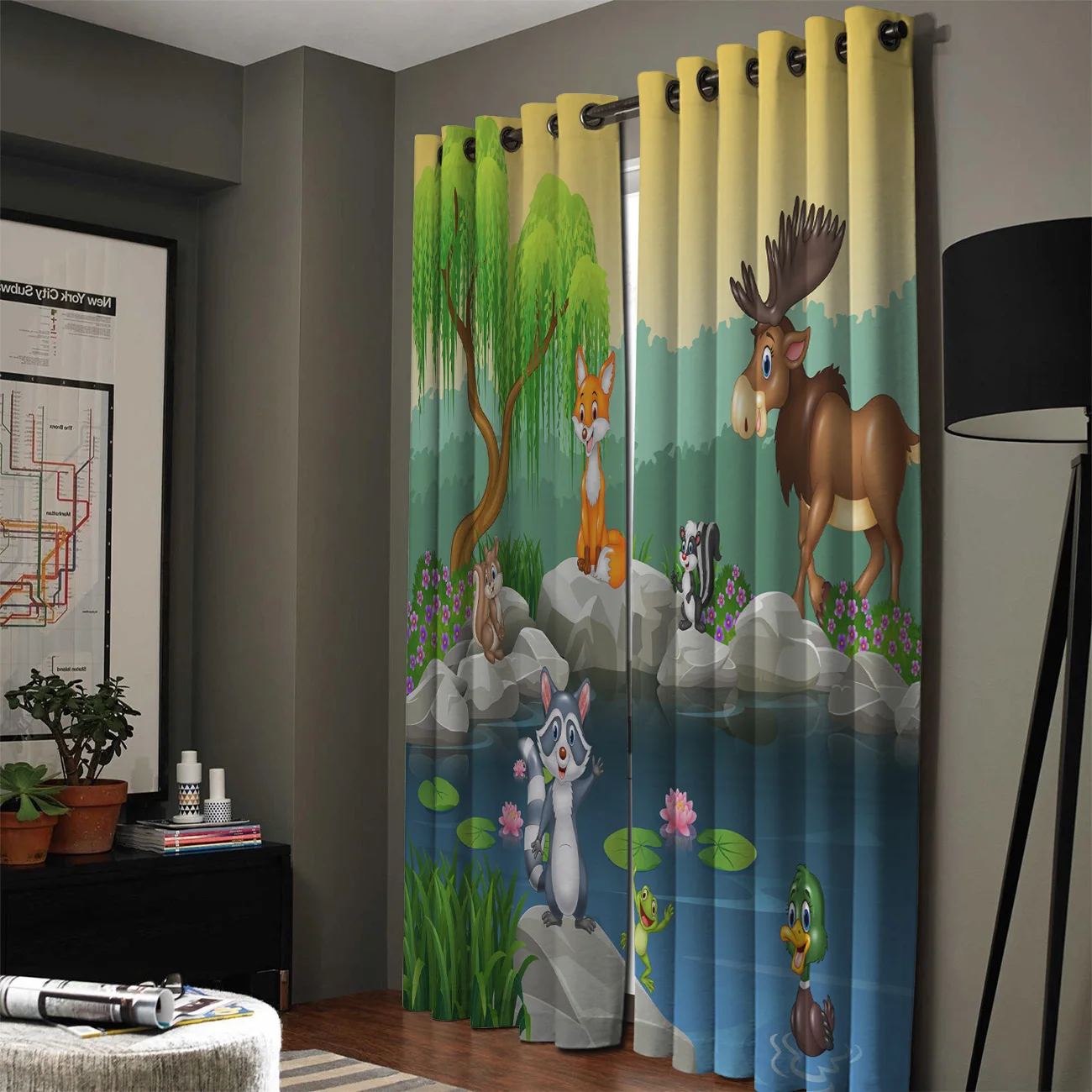 Животные мультфильм озеро вода прекрасный гармония детские яркие окна шторы для