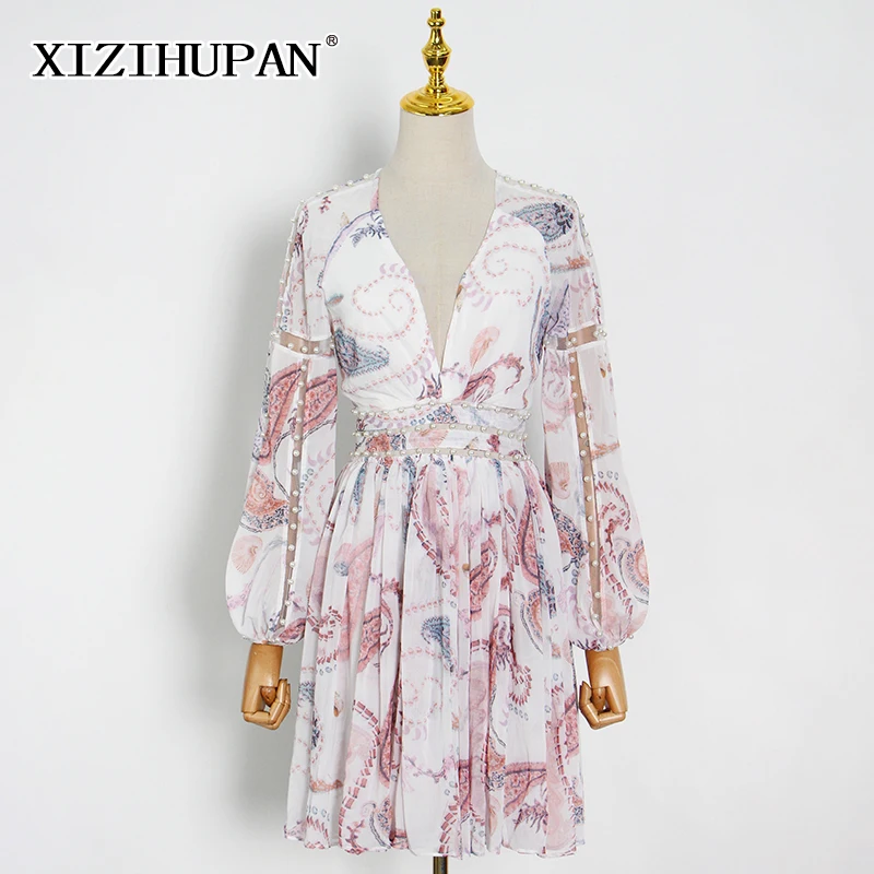 

XIZIHUPAN Elegant Print Dress For Women V Neck Long Sleeve High Waist Patchwork Mini Dresses Female Summer Fashion New 2021 Tide