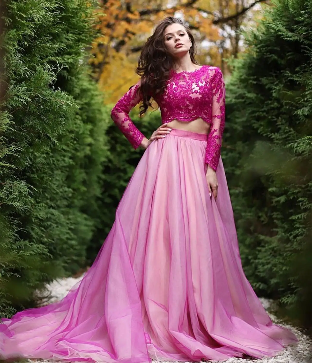 

Кружевное платье-трапеция с длинными рукавами и шлейфом, из тюля, для выпускного вечера, 2021