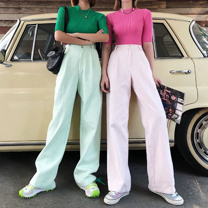 Полосатые брюки женские длинные прямые свободные хлопковые в Вертикальную