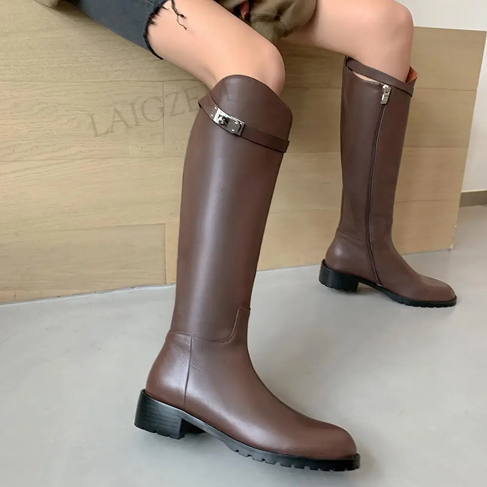 

LAIGZEM Women Knee High Boots Zip Up Genuine Leather Low Heels Boots Brown Autumn Winter Ladies Shoes Woman Big Size 33 41 43
