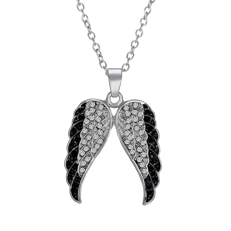 

New Classic Black White Rhinestone Angel Wings Pendant Necklace For Women Hollow Tree Party Jewelry Gifts Chain Necklaces