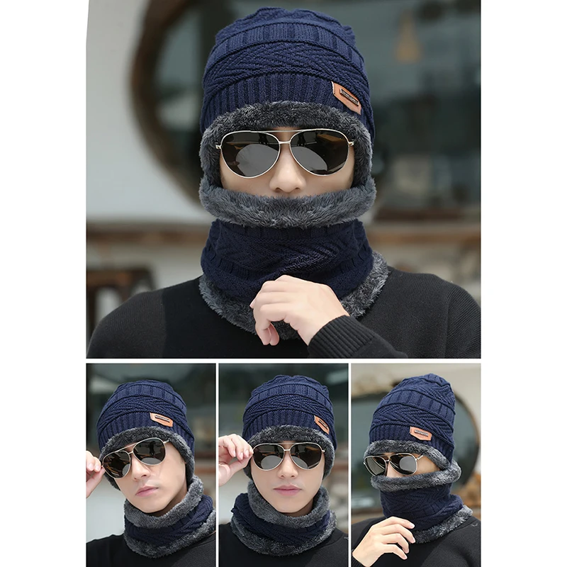 

Men Warm Skullies Beanie + Soft Scarf Two-Piece Set Winter Thicken Hat Male Child Windproof Knitting Caps Neck Warmer
