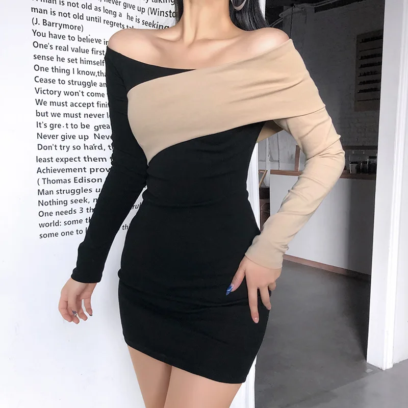 

2021 Fall Winter Sexy Off Shoulder Dress for Women Ruched Stitching Sleeve Slack Neck Elegant Female Mini Dresses Streetwear