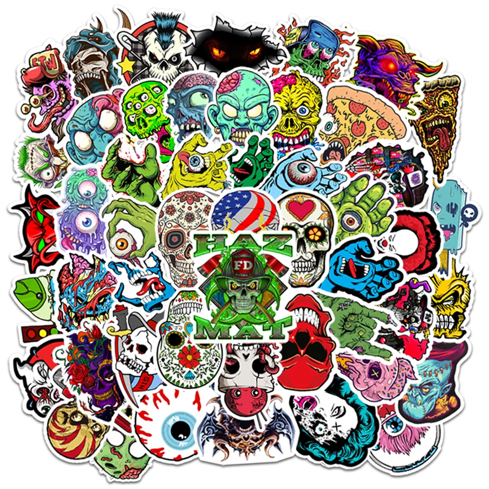 

50 Pcs Horror Series Skull Head Skateboard Laptop Guitar Luggage Funny Cool Graffiti Retro Sticker Kids Toys Craft Supplies
