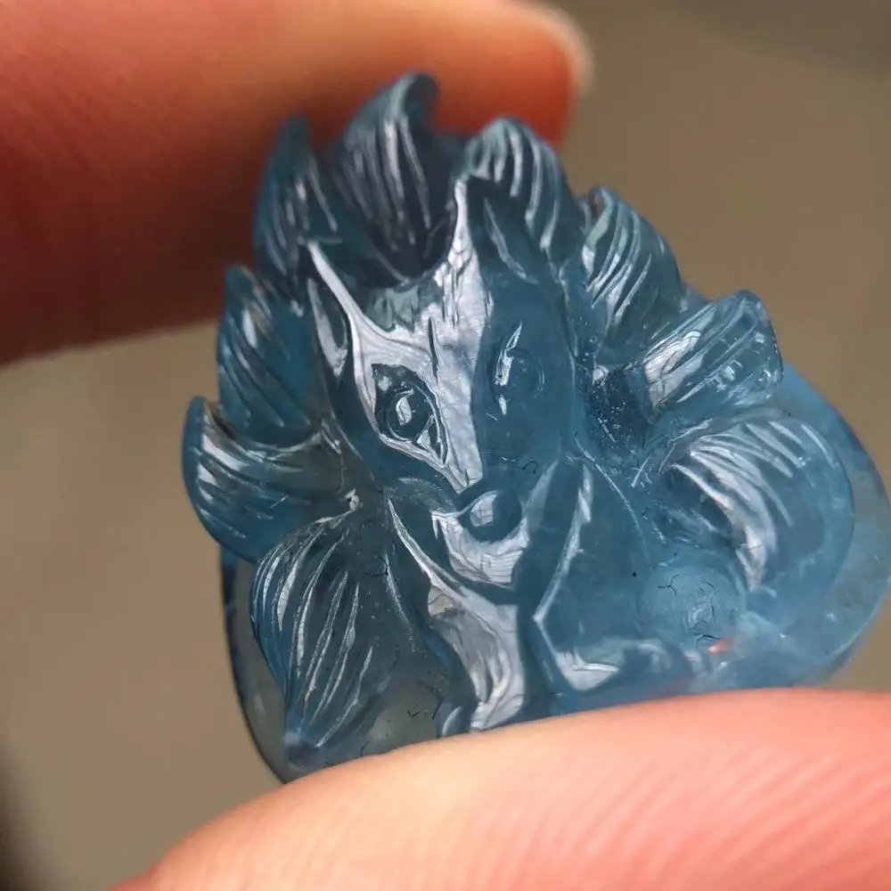 

Genuine Natural Blue Aquamarine 9 Tails Fox Pendant 23.6-20.7-9.4mm Brazil Women Jewelry 6.2mm Round Beads Necklace AAAAA