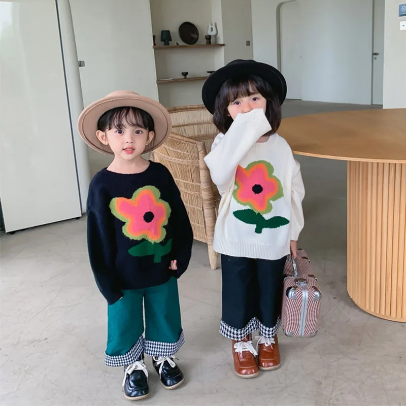 

Korean children's clothing 2021 autumn new girls' flower sweater middle and small girls' fashionable woolen sweater top 4-20