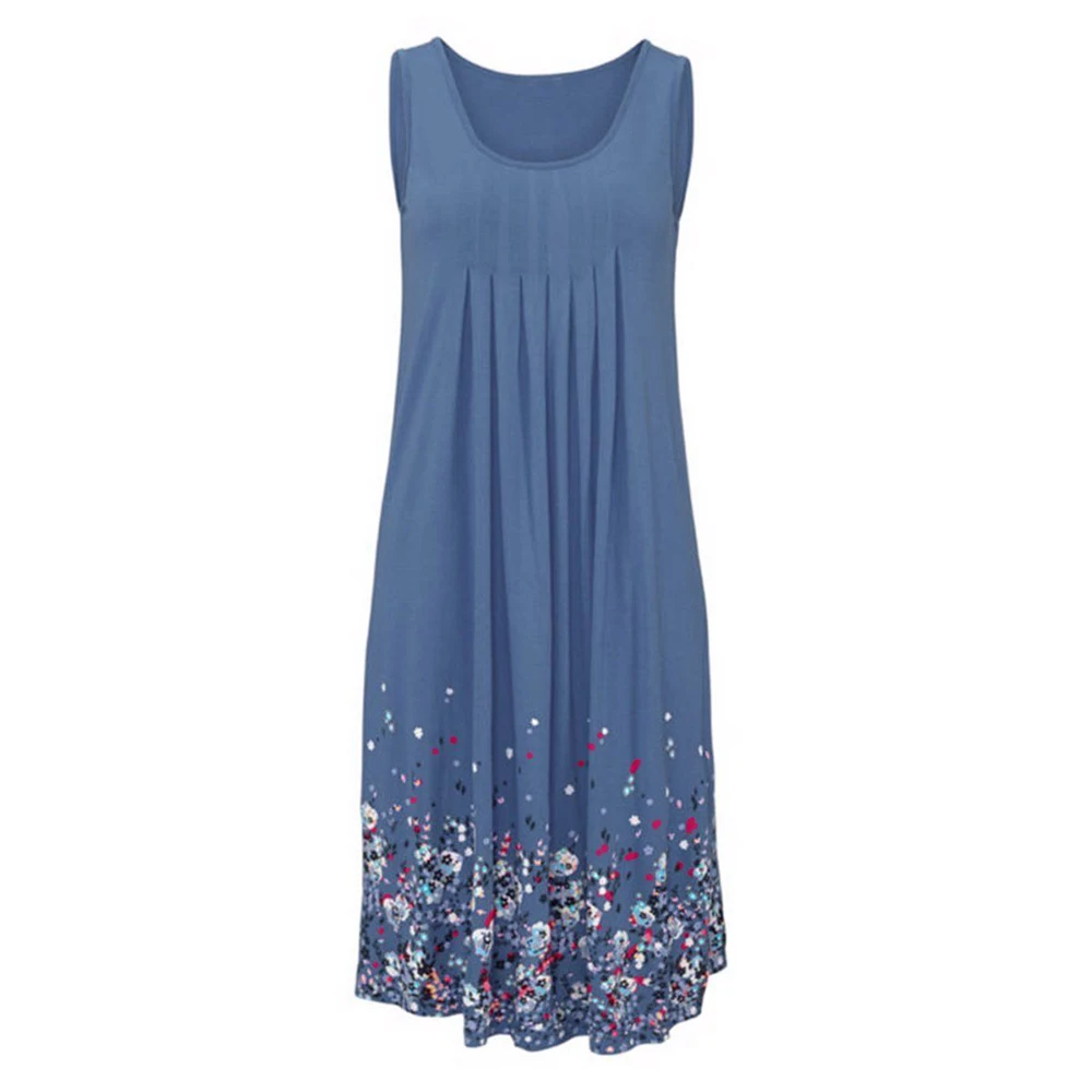 

Medium length A-line dress Elegant Navy Blue A-line Short sleeveless loose print vest skirt Party Gowns for Beach Holiday