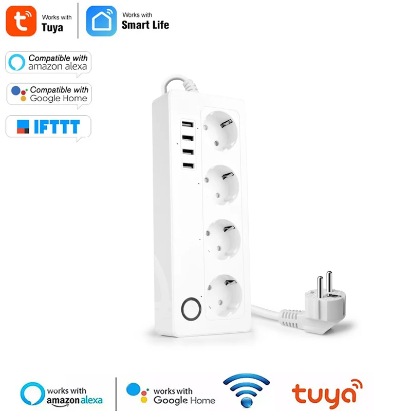 

Tuya Smart WIFI Power Strip EU Standard With 4 Plug And 4 USB Port Compatible With Alexa Echo And Google Nest App Voice Control