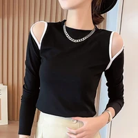 sexy off shoulder women t shirt long sleeve fall 2021 casual solid slim hollow out tshirt elasticity ladies tops basic tee shirt
