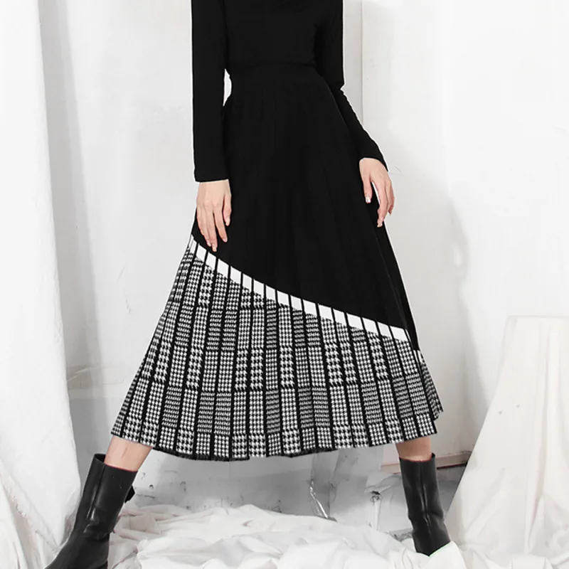 

contrast color women pleated skirt 2020 autumn high waist knitted mid-calf black skirt elastic waist streetwear