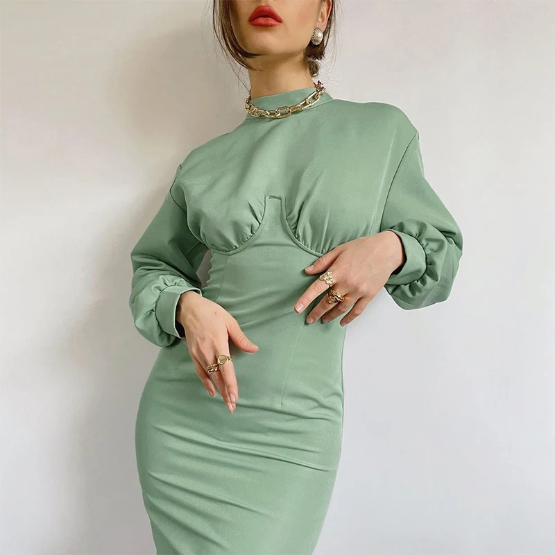 

Women's Dress Slim Fit Temperament Autumn and Winter New Long Sleeved Knitted Elegant Green Dress Thin Mid Length Fashion Female