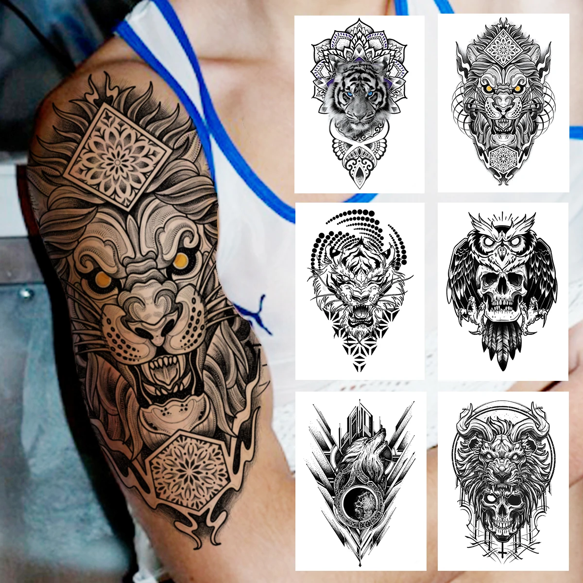 

Geometric Devil Temporary Tattoos For Men Women Adult Kids Black Owl Skull Tattoo Sticker Tiger Ttibal Fake Wolf Large Tatoo DIY