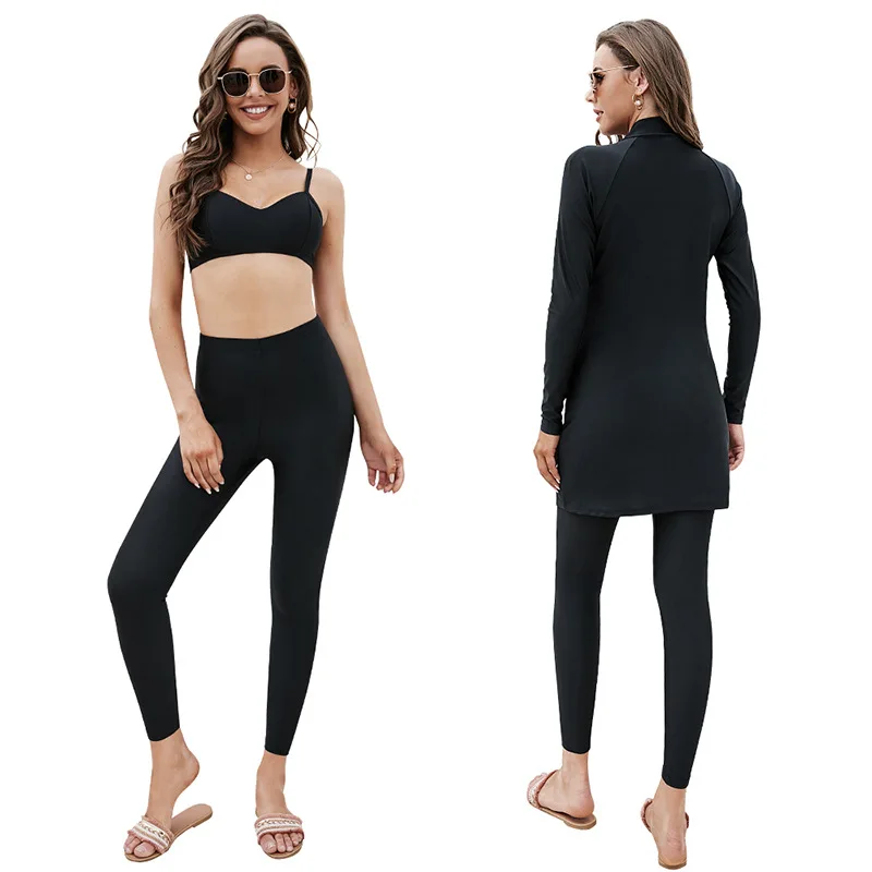 

2021 Women Muslim Swimwear Swimsuit Burkini Modest Three-Piece Set Moslem Muslem Maillot De Bain Full Black Bikini Top