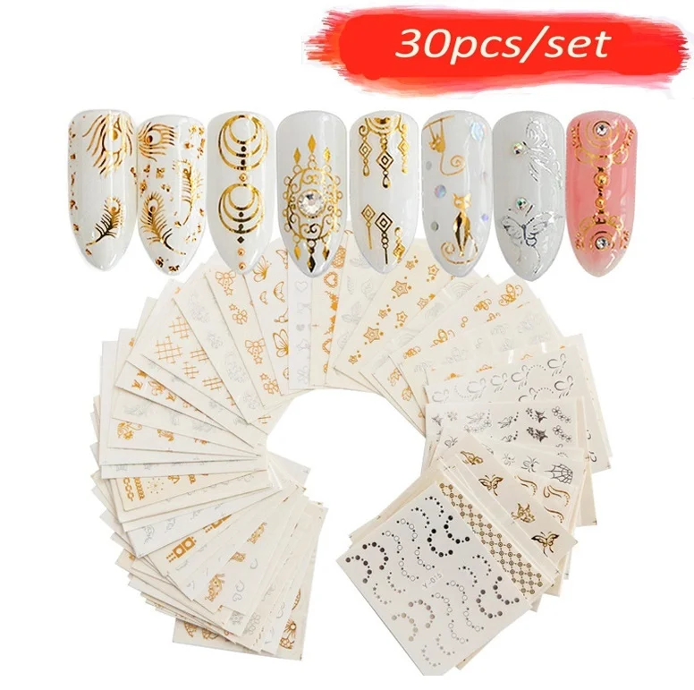 

30pcs/set Gold Silver Feather Flower Design Water Sticker Nail Art Decals for Women Girls DIY Nails Decoration Manicure Tools