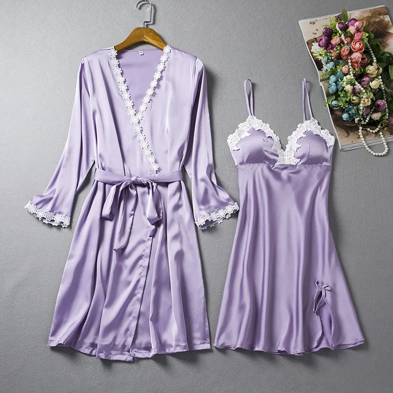 

2PCS Pajamas Sleep Set Robe Women V-Neck Sleepshirts Suit Sexy Nightdress Lace Nightwear Gown Nightsuits Strap Nighties Homewear