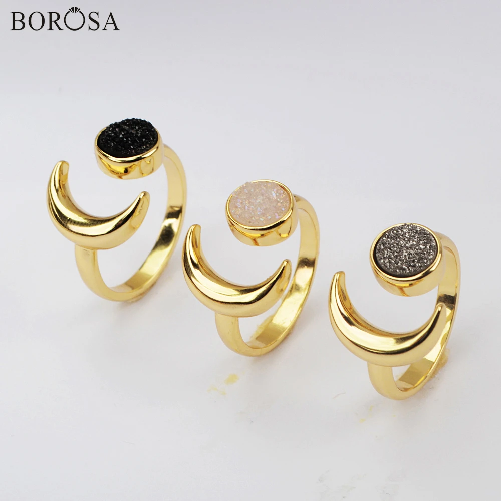 BOROSA 5/10Pieces Round Druzy Rings Agates Titanium Druzy Adjustable Rings with Gold Moon Open Rings for Women Jewelry ZG0438