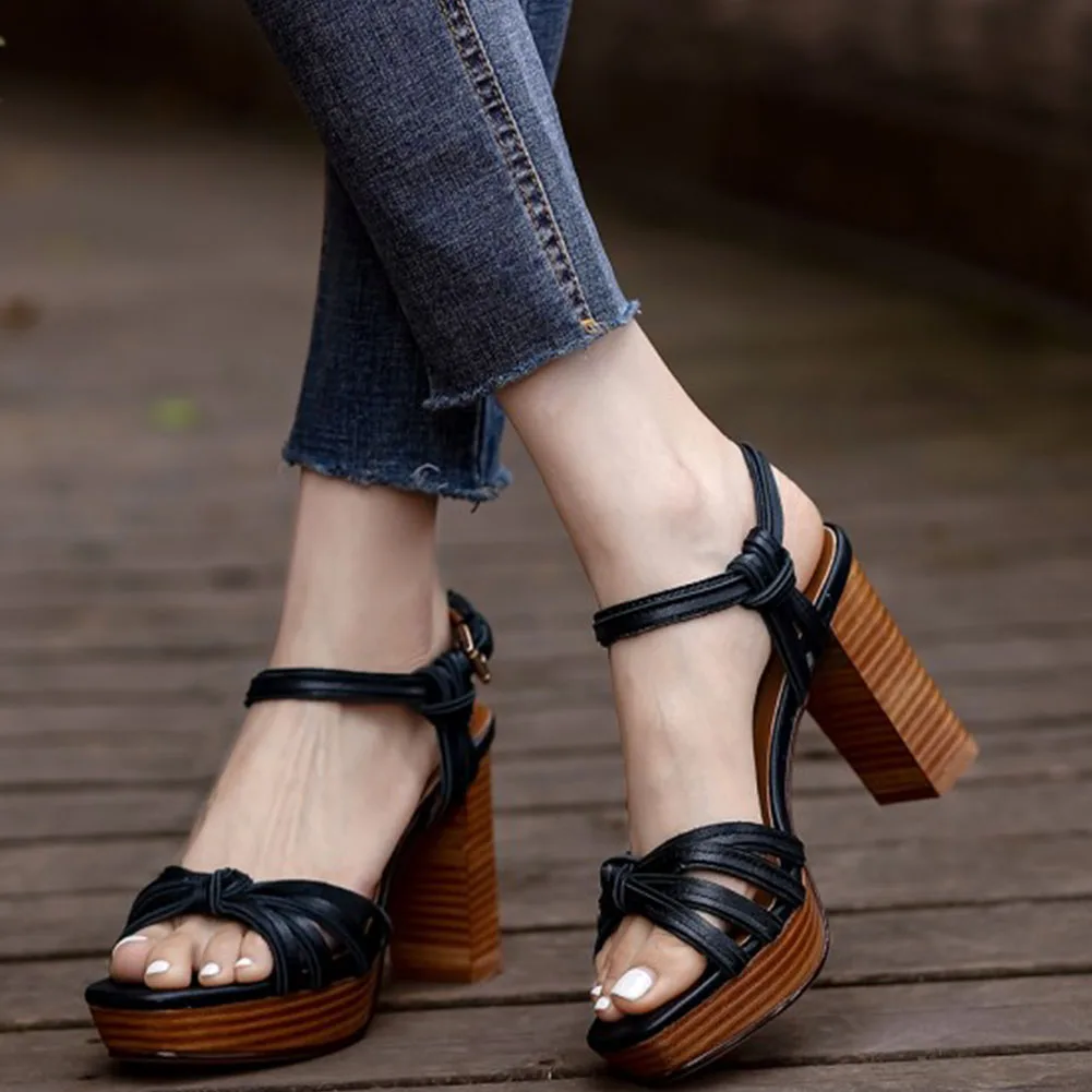 

2021 Platform Block High Heels Vintage Classic Summer Sandals Brand Design Genuine Leather Elegant Woman Shoes