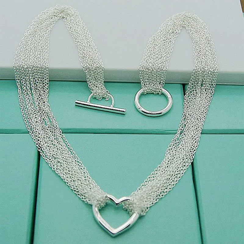 

Free Shipping Silver 925 Jewelry Multi-Line String Of Heart Love Chain Necklace For Women Party Jewelry Gift
