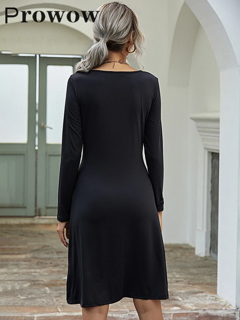 

Prowow Spring Autumn Women Fashion slim waist Solid Dress Female simple Casual Streetwear long sleeve o Neck pullover Dresses