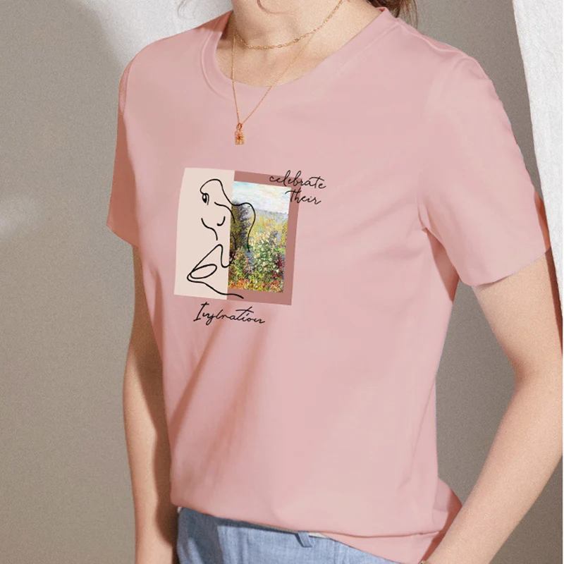 

Korean Print t Shirt for Women Short Sleeve Round Neck Loose Clothing Femme Casual Tee Pullover Clothes T-Shirt Top Mujer Summer