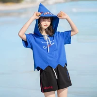 womens cute hooded sweatshirts female short sleeved japanese schoolgirl causal loose tops shirt blue color bottoming summer