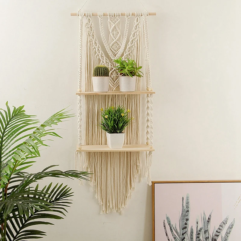 

Bohemian Macrame Tapestry Rack Hand-Woven Wall Hanging Flower Storage Wooden Shelf Tapestry Rack Wall Decorative