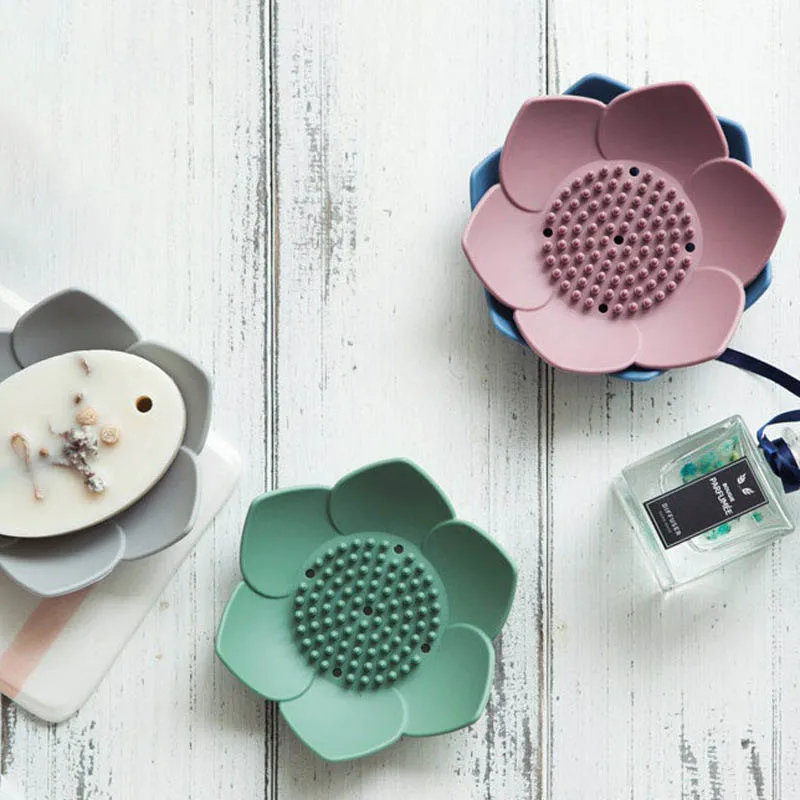 Caja de jab&oacute;n con forma de loto, jabonera port&aacute;til antideslizante de silicona para drenaje de agua, jabonera de Color s&oacute;lido, accesorios de ba&ntilde;o-2