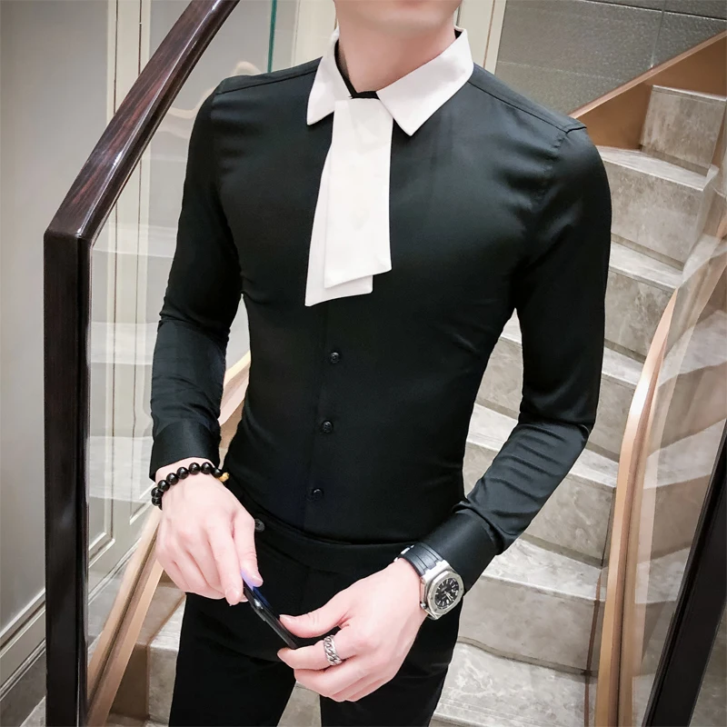 Мужская рубашка-смокинг с галстуком-бабочкой и длинным рукавом приталенная