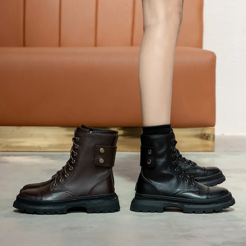 Online Sepatu Bot Martin Kulit Sapi Asli Sepatu Bot Pendek Bersol Tebal Sepatu Bot Pergelangan Kaki Datar Ritsleting Samping Gaya Inggris