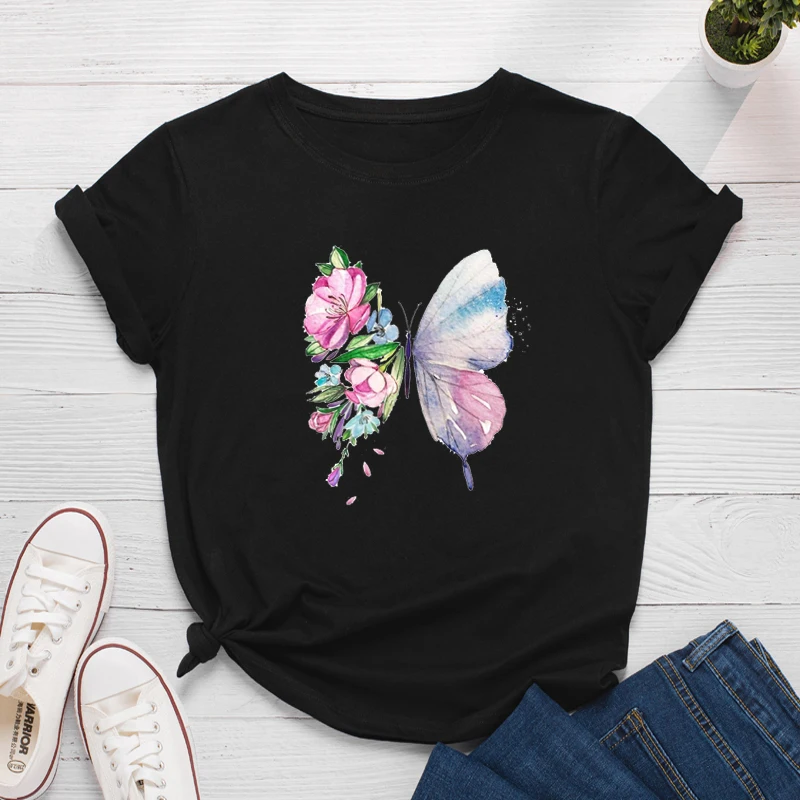 

Women T Shirt 100%Cotton Casual Summer Butterfly Print Graphic Tee Short Sleeve Loose Colorful Female Harajuku Shirt Tops