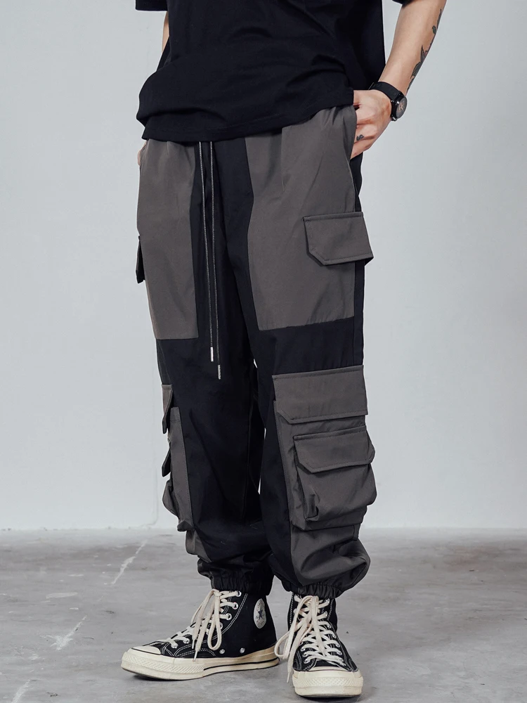 

Брюки-карго мужские с несколькими карманами, контрастные брюки в стиле пэчворк, джоггеры с эластичным поясом, Свободные повседневные штаны