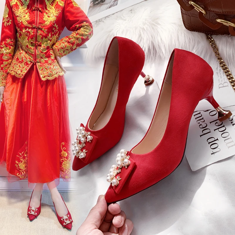 

Red Bridal Wedding Shoes Sexy Elegant High Heels Stiletto Single Shoes Wild Womens Shoes Pearl Rhinestone Evening Dress Pumps